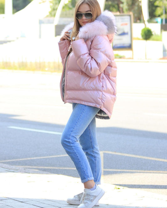 ⇆ Manteau réversible en duvet de renard polaire véritable Nicole