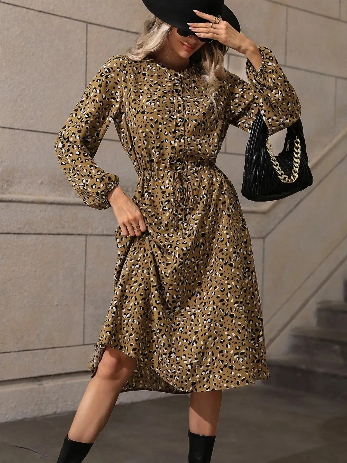 Printed Long Sleeve Midi Dress