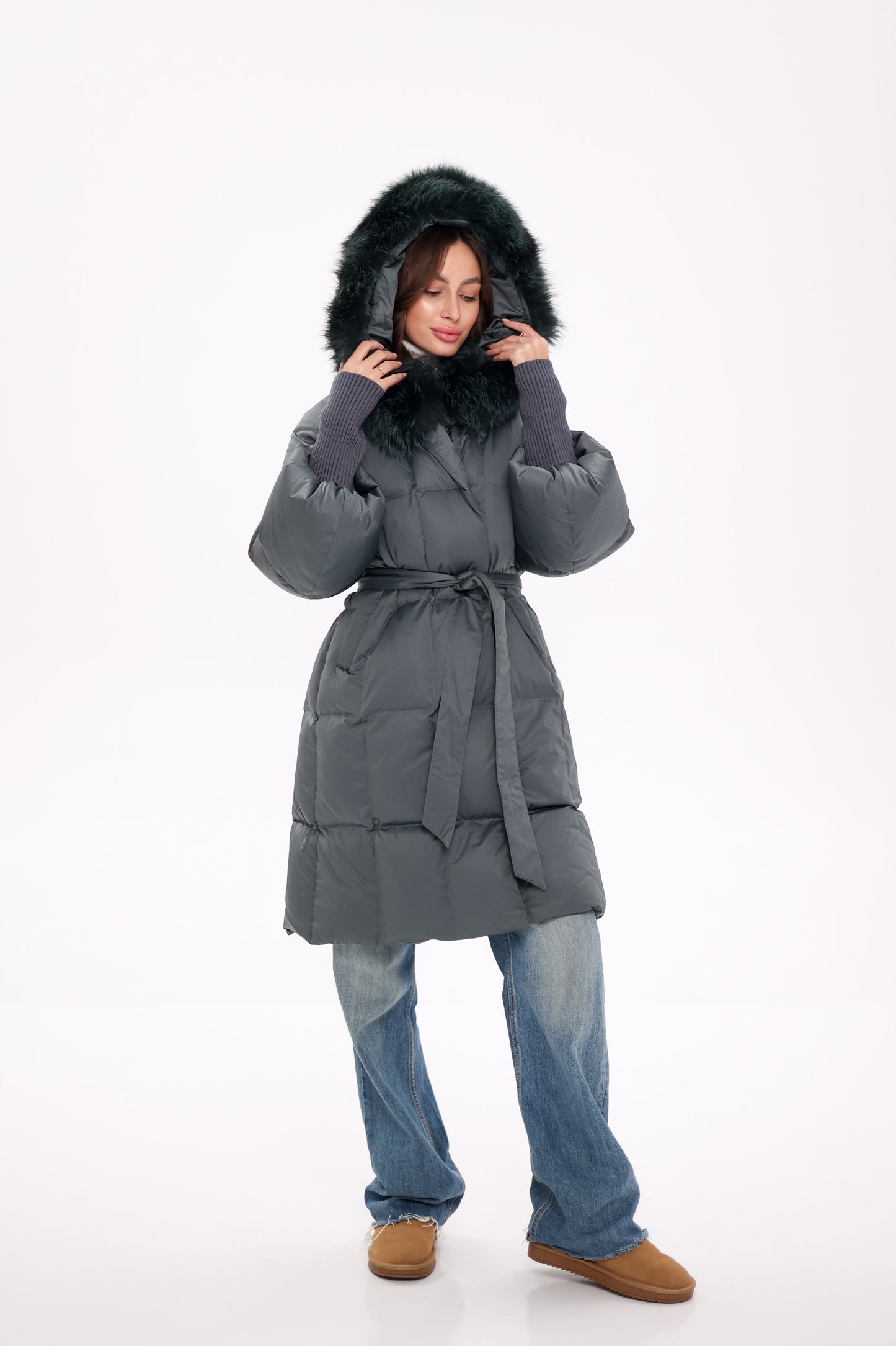 Genuine Silver Fox Fur Trim Down Coat in Forest Slate