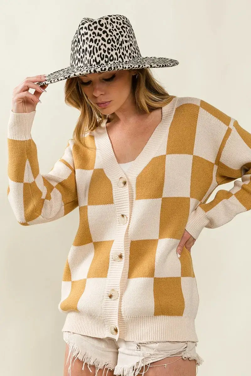 BiBi Checkered V Neck Cardigan Mustard Cream Pattern