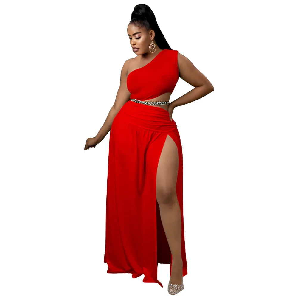 Women Clothes Set Sexy One Shoulder Crop Top Side Split A Line Skirt Beach Party Two Pieces Set Summer 2022