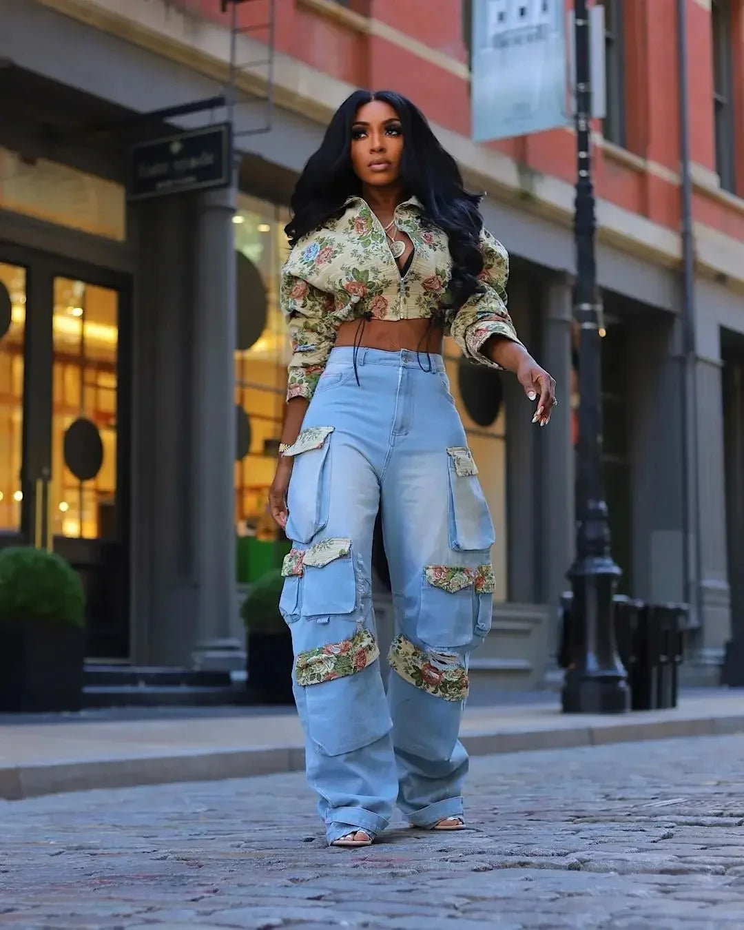 BWQ Washed Denim Women's Set Full Sleeve Floral Jacket and Pockets Cargo Jeans Pants Suit 2025 Street Two 2 Piece Set Outfit