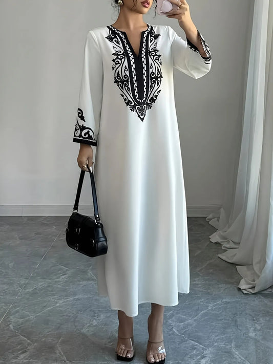 Printed Notched Long Sleeve Midi Dress