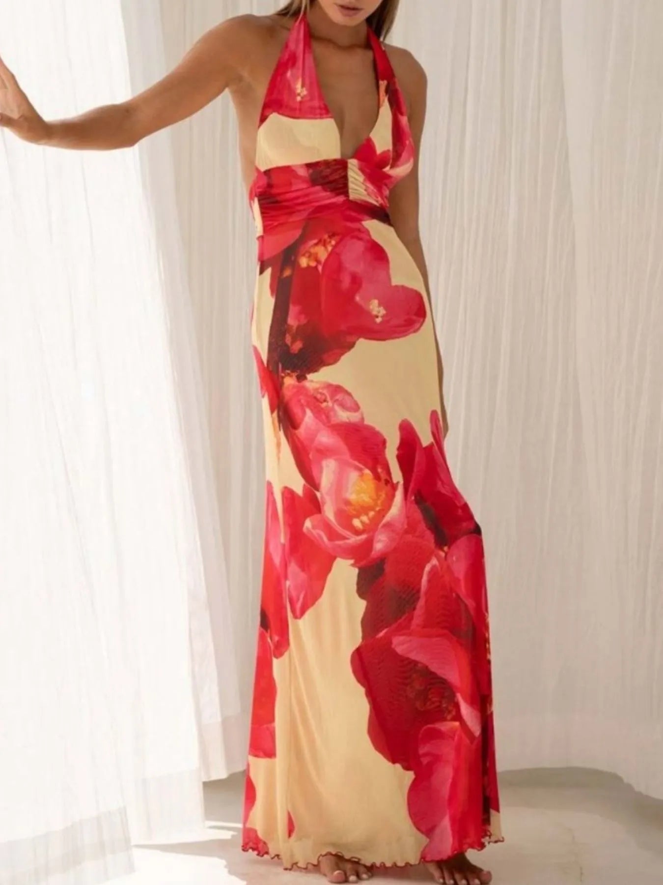 Floral Halter Neck Deep V Maxi Dress