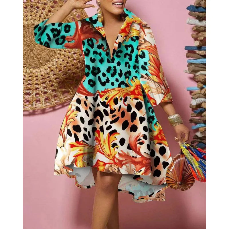 Women Sexy Fashion Printed Shirt Dresses Chic V Neck Loose Long Sleeve Dress Causal Vacation Female Mini Vestidos Robe Clothing