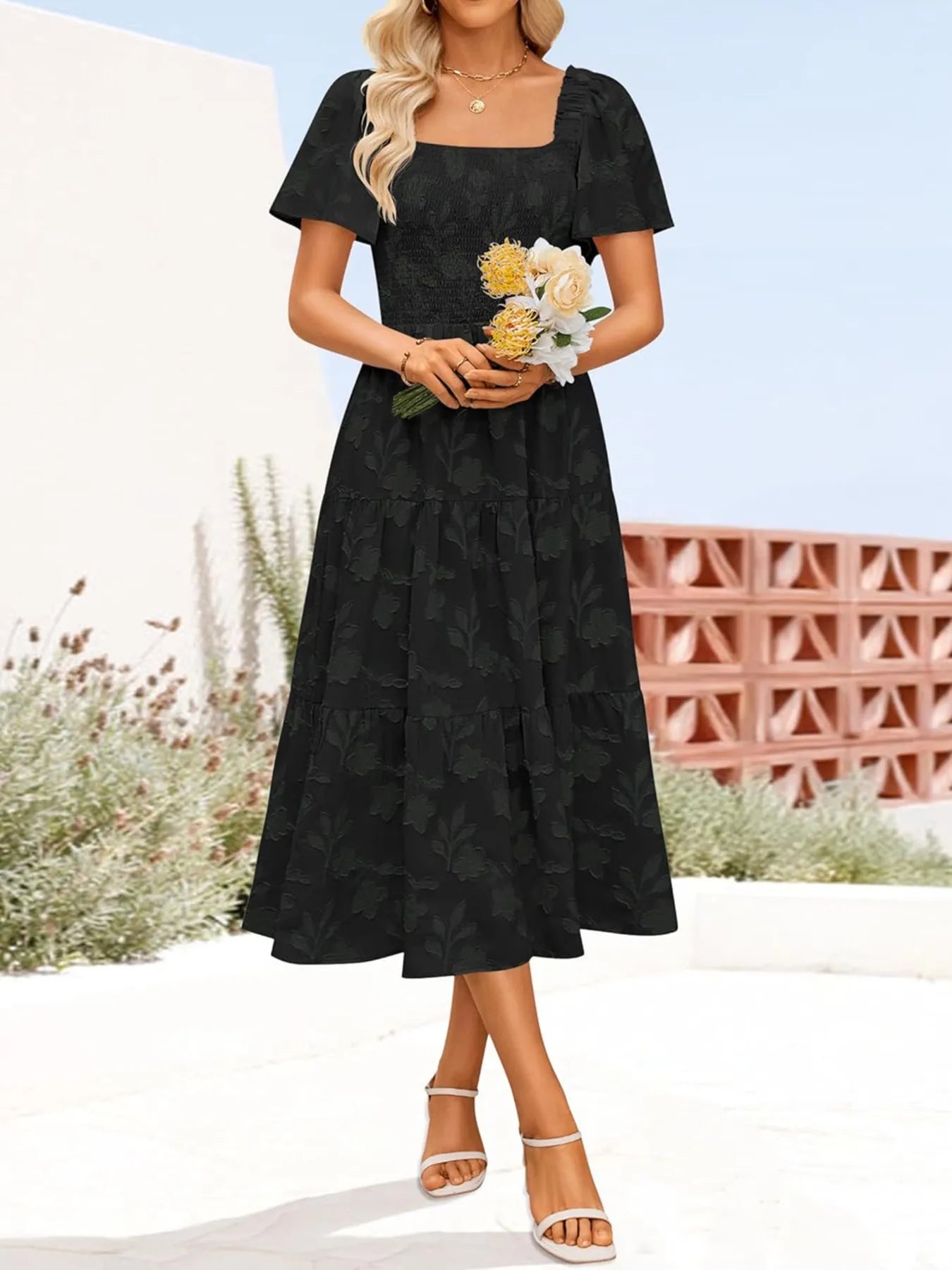Smocked Square Neck Short Sleeve Dress