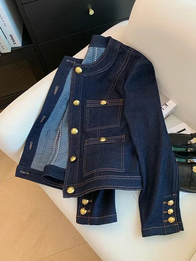 Blue Denim Top Women Autumn Classic Style Short Coat New Korean Fashion  Chic Pockets O-Neck Female Ropa De Mujer Loose Jackets