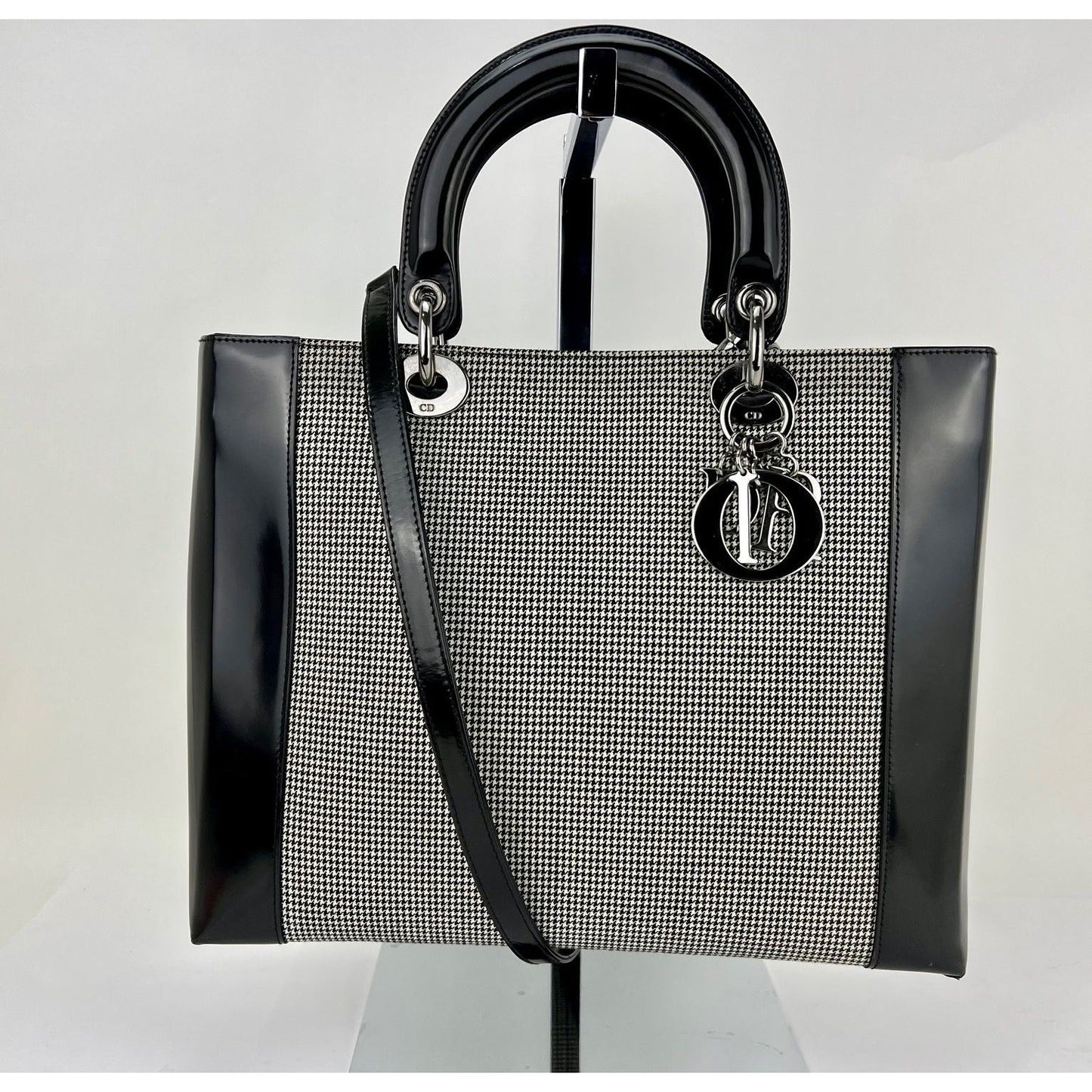 Christian Dior Large Lady Black Patent Leather Canvas Hand Bag