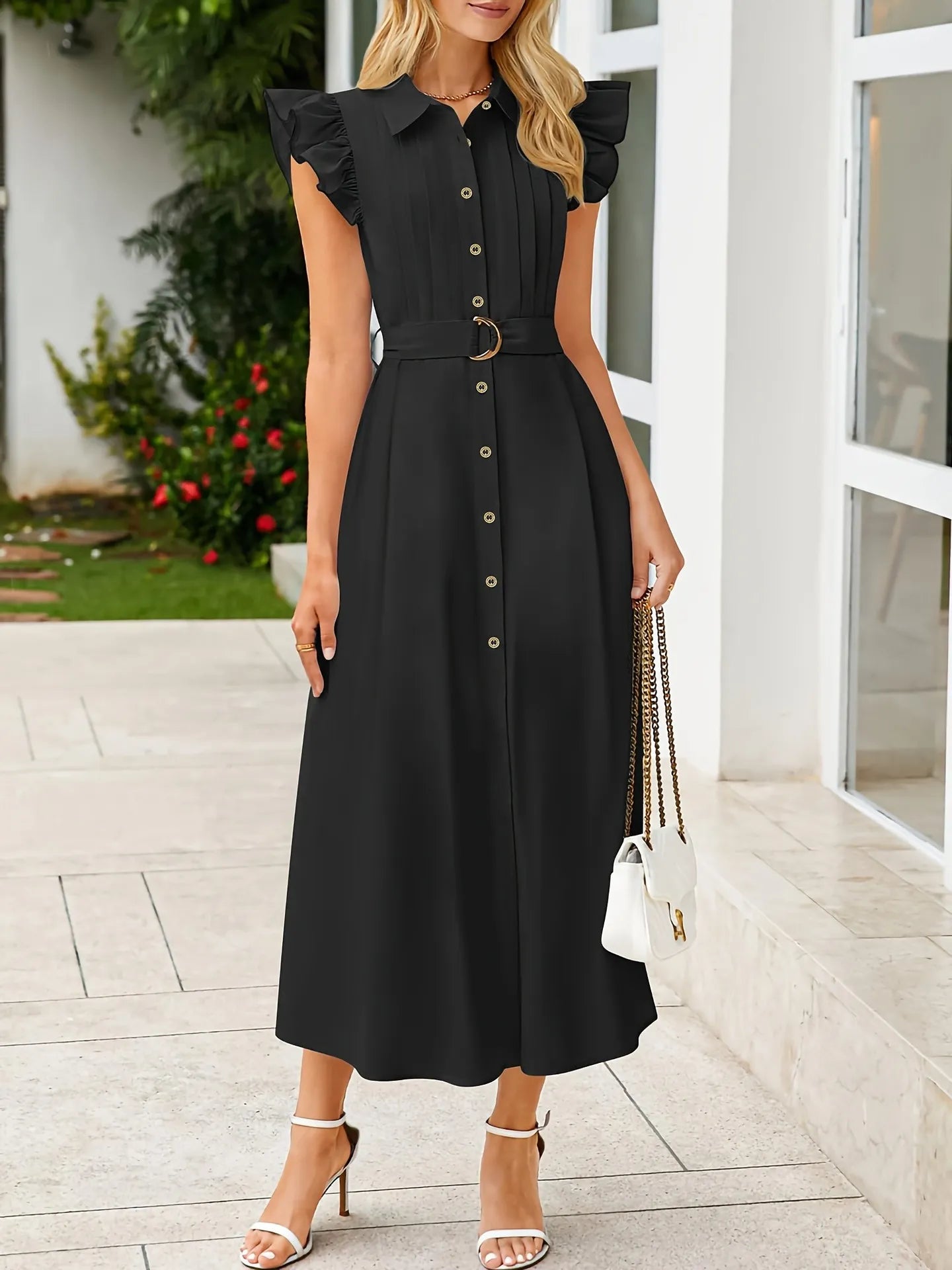 Ruffled Button-Front Midi Dress