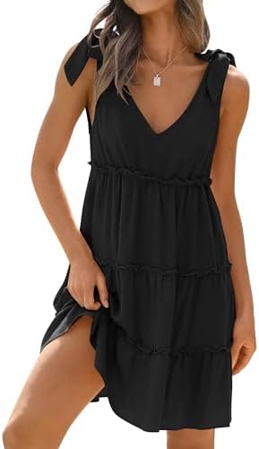 Sundresses - ZESICA Womens Summer Casual V Neck Sleeveless Mini Dress Tie Shoulder Tiered Ruffle Swing A Line Short Sundresses