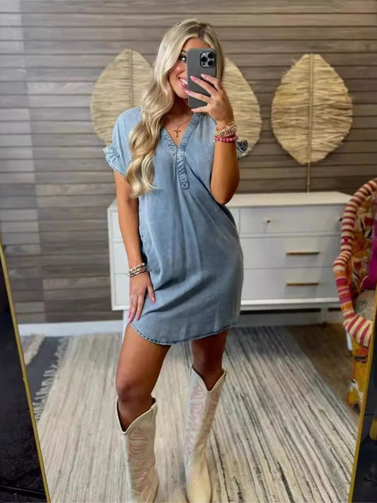 V-Neck Short Sleeve Denim Dress Plus Size