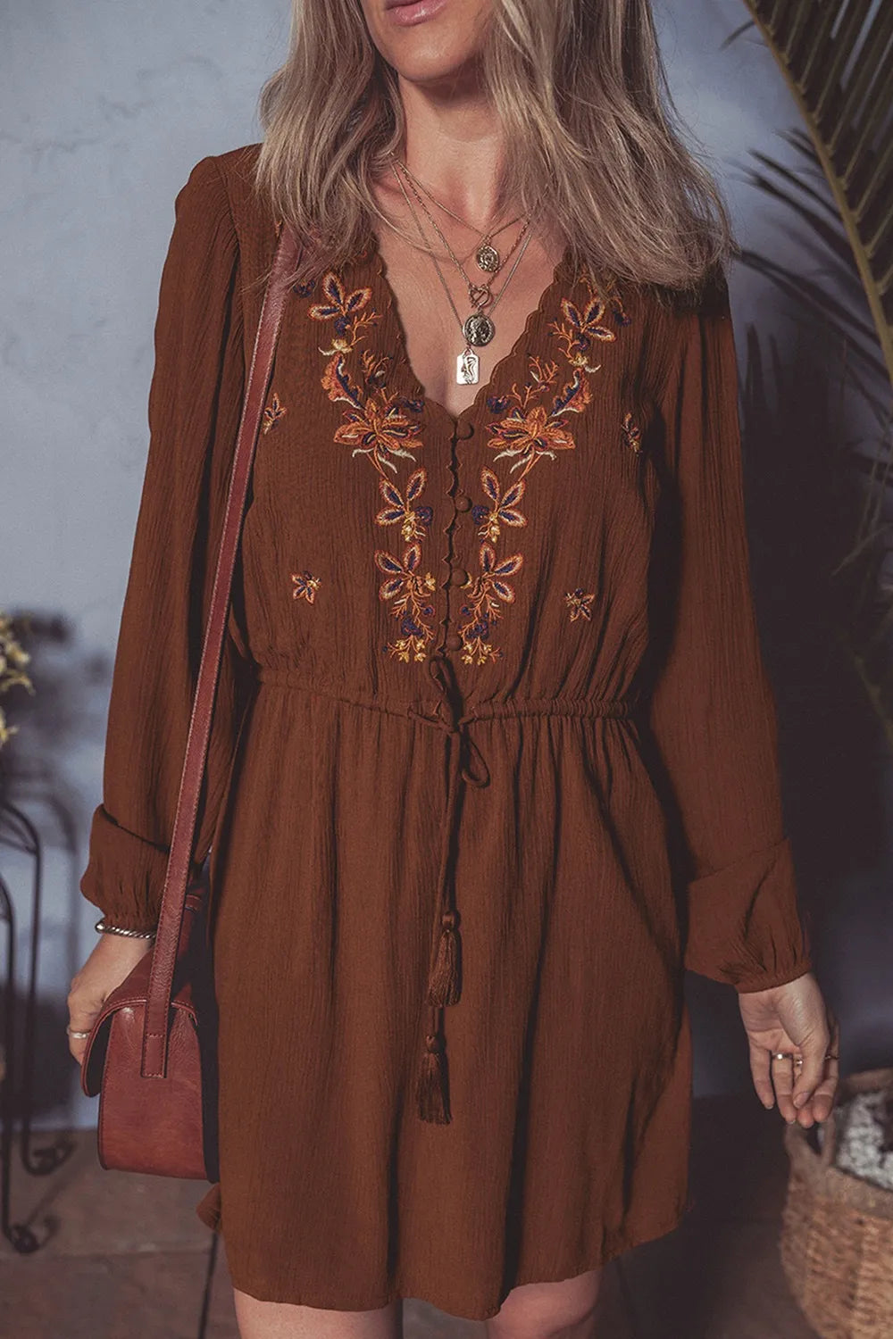 Floral  Embroidered Long Sleeve Mini Dress