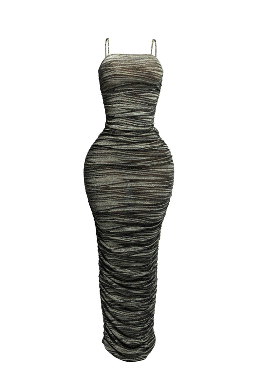 Elegant Metallic Maxi Dress with All-Over Ruched Design and Adjustable Straps for Stunning Appeal