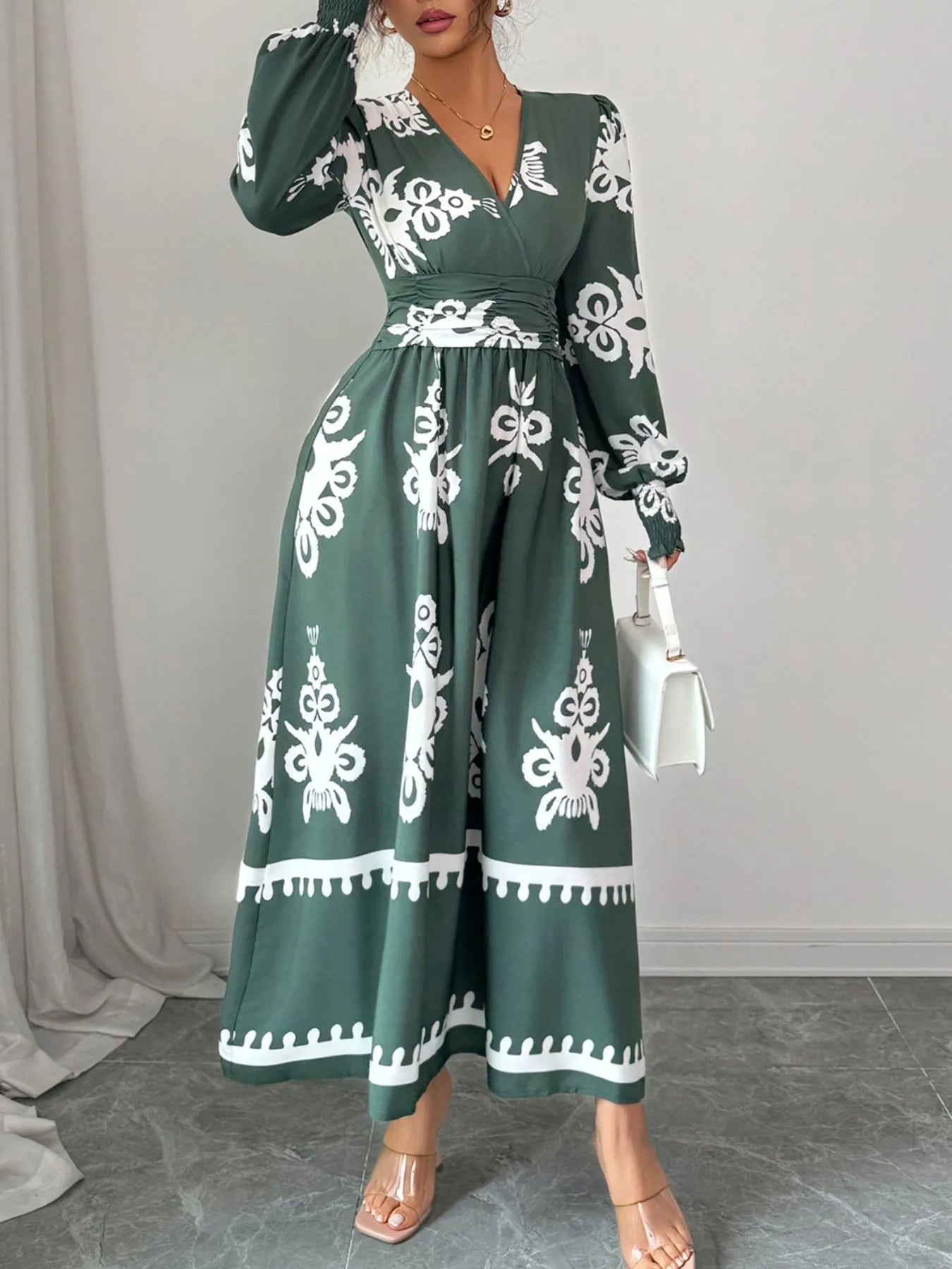 Printed Surplice Lantern Sleeve Dress