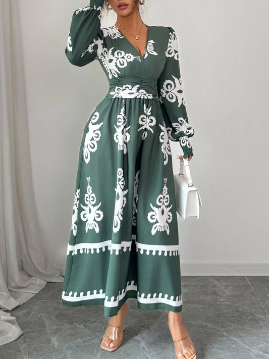 Printed Surplice Lantern Sleeve Dress