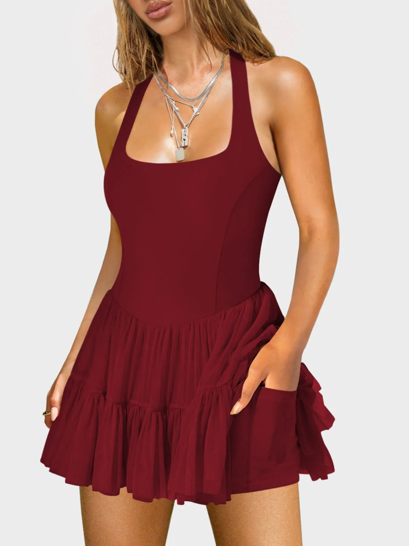 Crisscross Back Square Neck Mini Dress