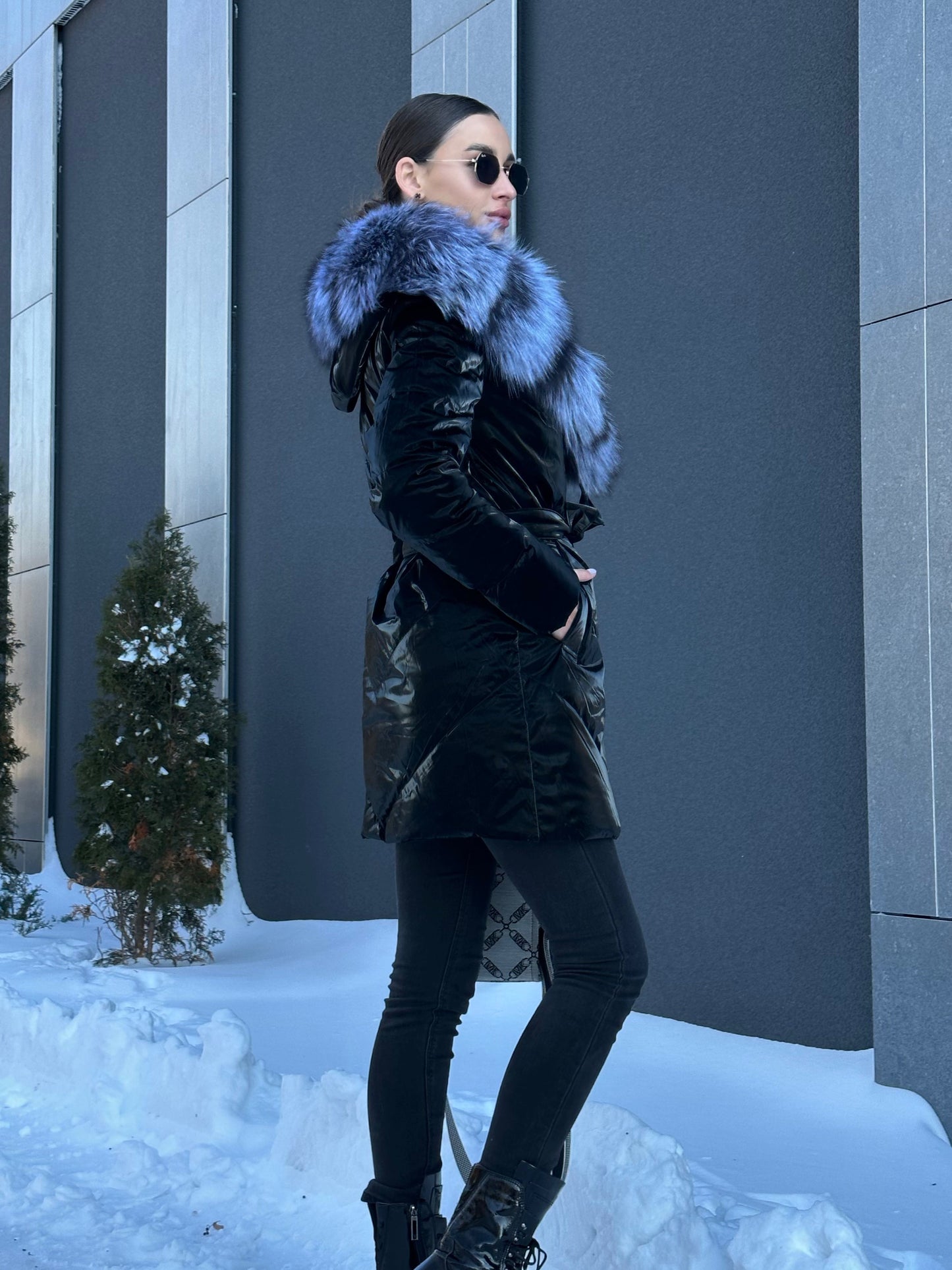 Manteau en duvet et fourrure de renard argenté véritable