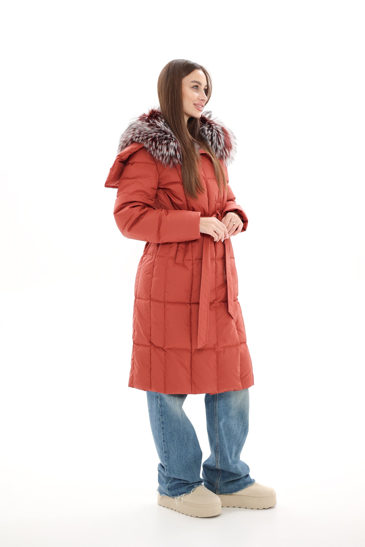 Genuine Silver Fox Fur Trim Down Coat