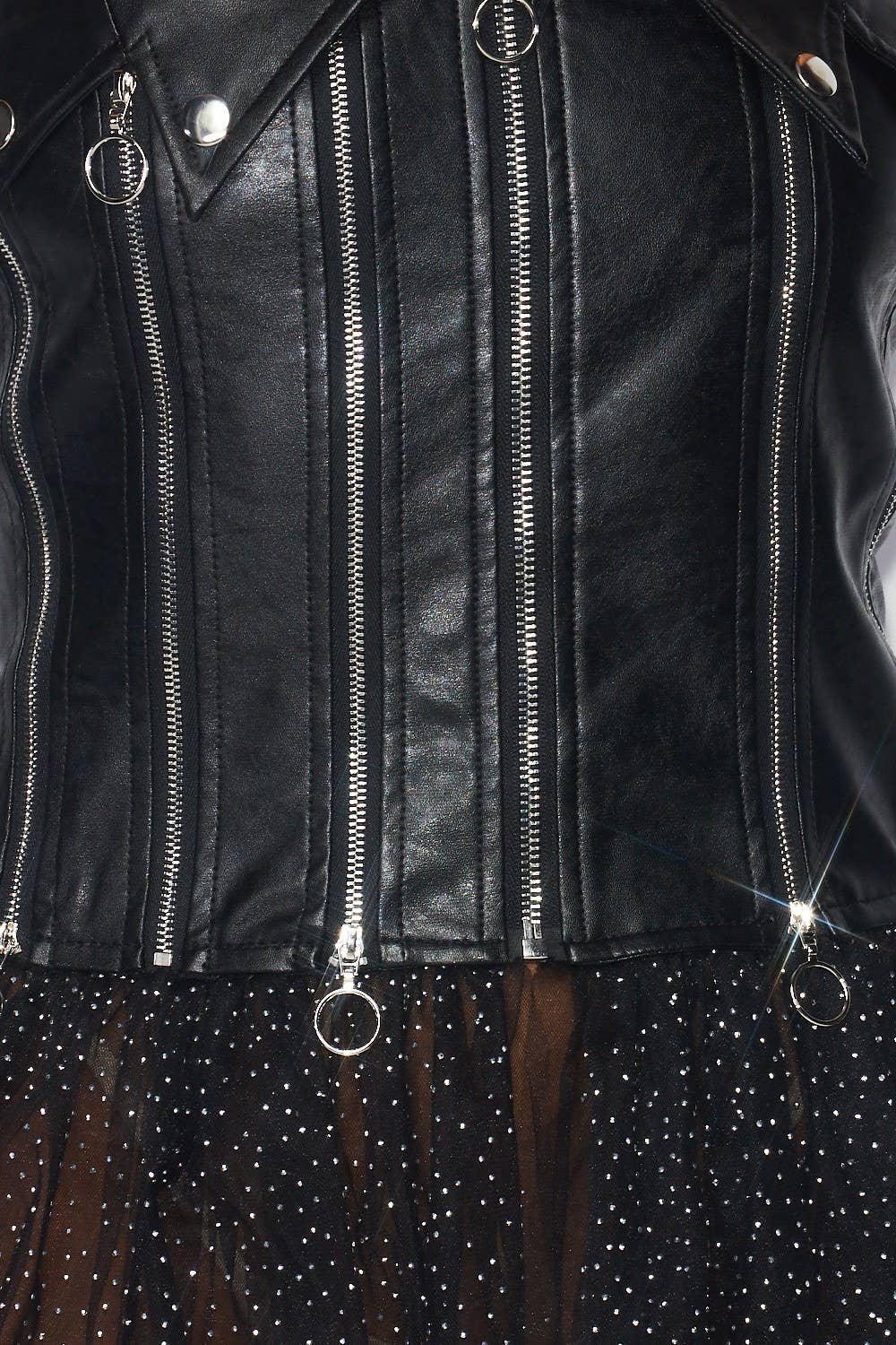 Kayla Contrast Mesh Faux Leather Zipper Detail Tutu Strapless Dress