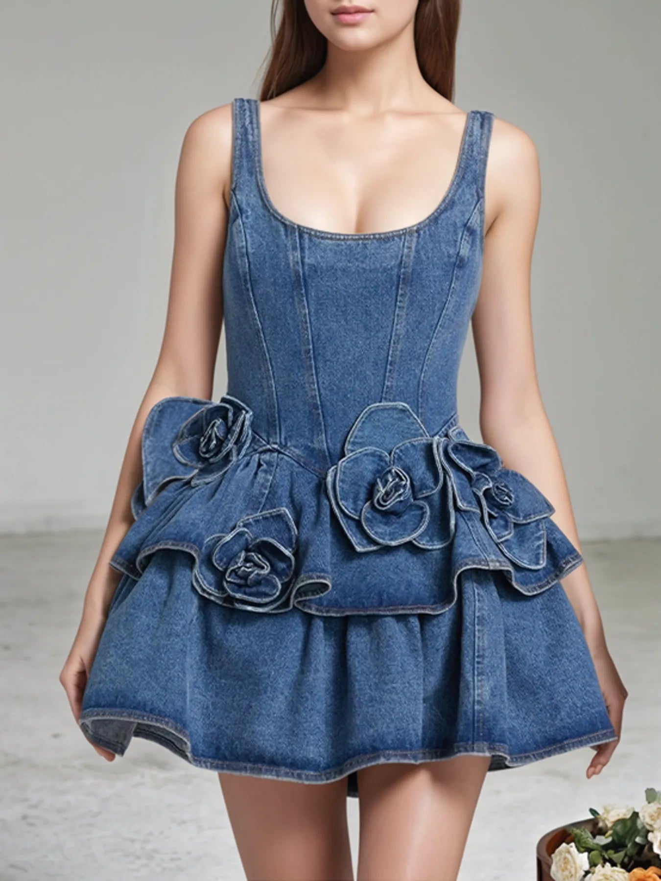 Ruffled Layered Scoop Neck Denim Dress