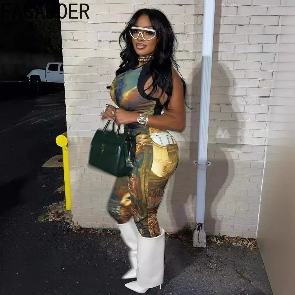 FAGADOER Ensemble 2 pièces imprimé mode pour femme, tenue peinture à l'huile, haut court sans manches et pantalon, streetwear, été, printemps, nouveauté 