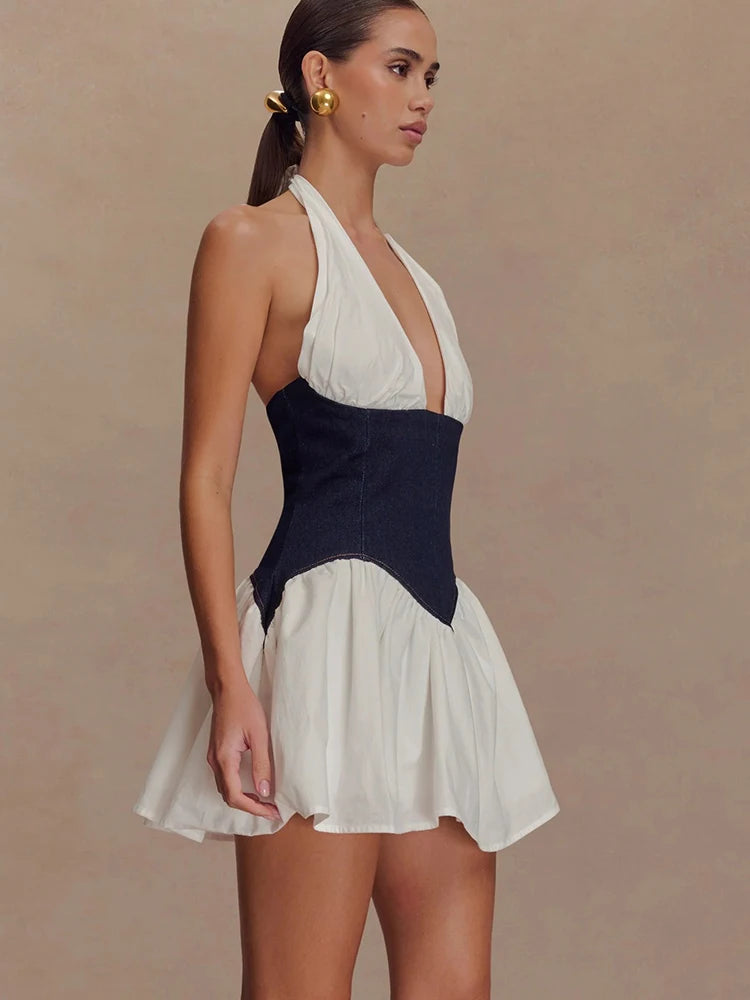 JULISSA MO Patchwork Sexy Deep V-neck Denim Mini Dress Women White Backless Halter Dress Summer Slim Elegant Party Club Outfits