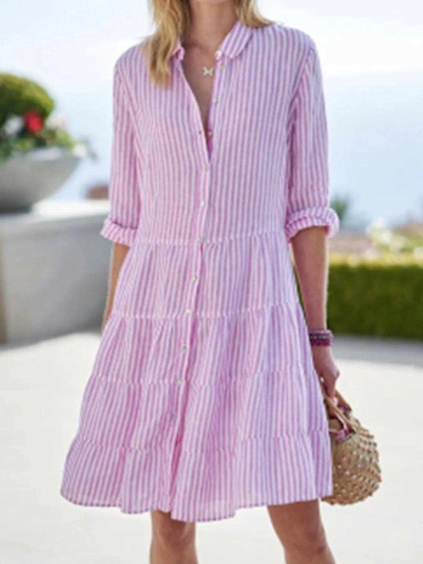 Striped Button-Down Shirt Dress with Tiered Ruffle Hem Plus Size