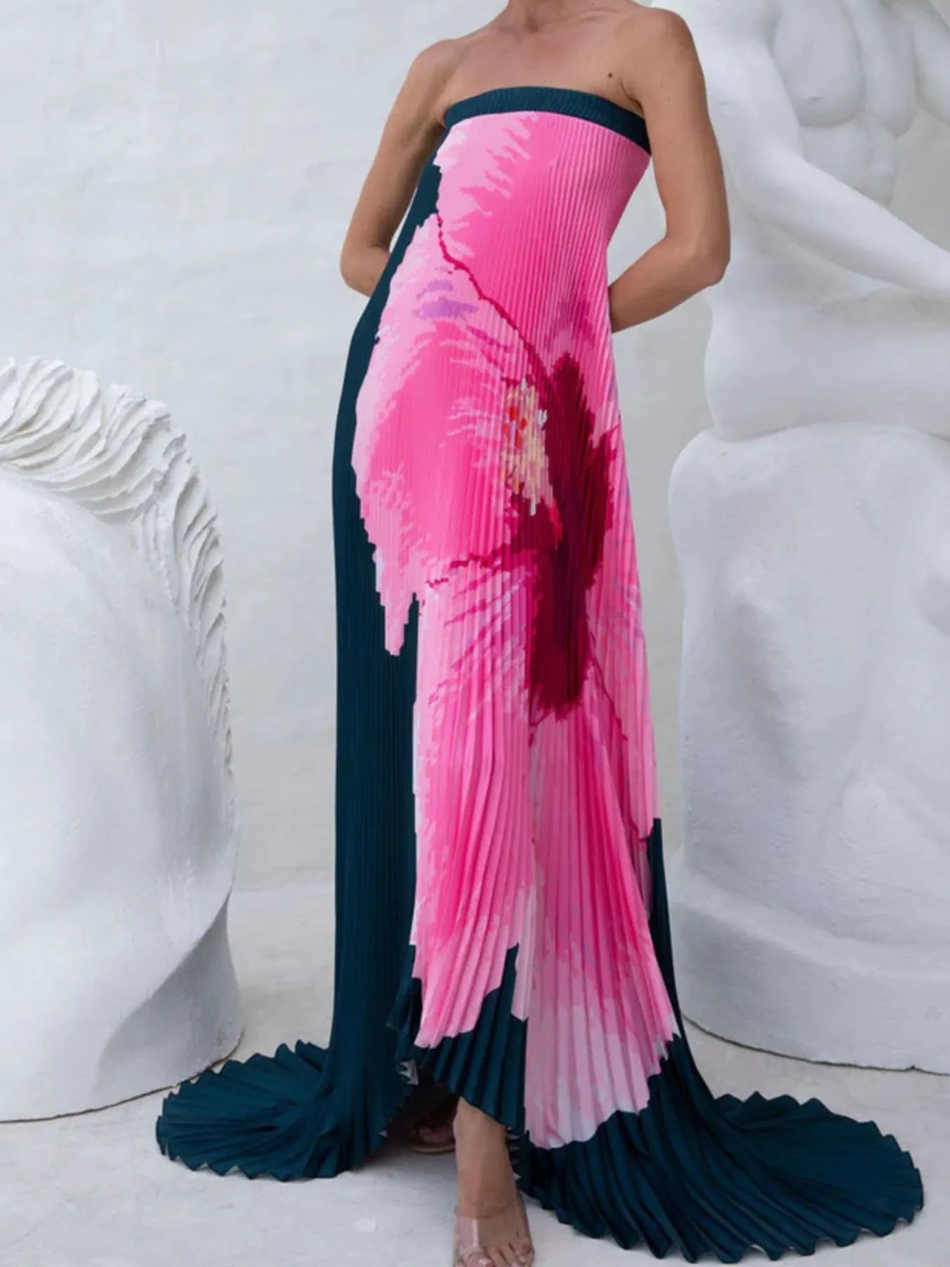 Pleated Printed Tube Floor Length Dress