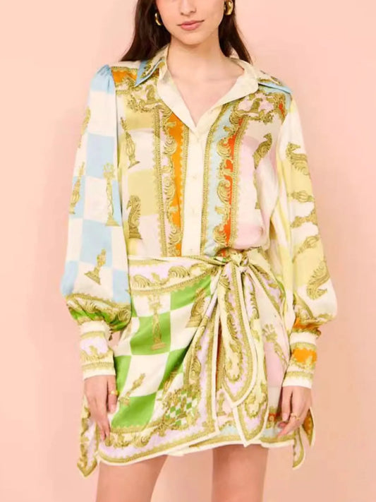 Printed Lantern Sleeve Shirt Dress