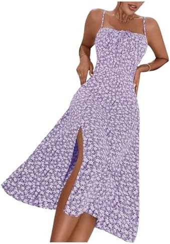 Sundresses - Floerns Women's Summer Split Thigh Spaghetti Strap Cami Midi Floral Dress