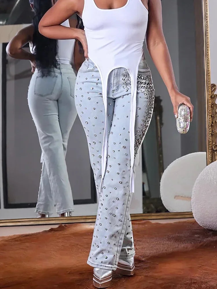 Plus Size Women's Beading Jeans High Waist Slim Casual Denim Pant Vintage Fashion 2025 Streetwear Straight Jeans Trousers