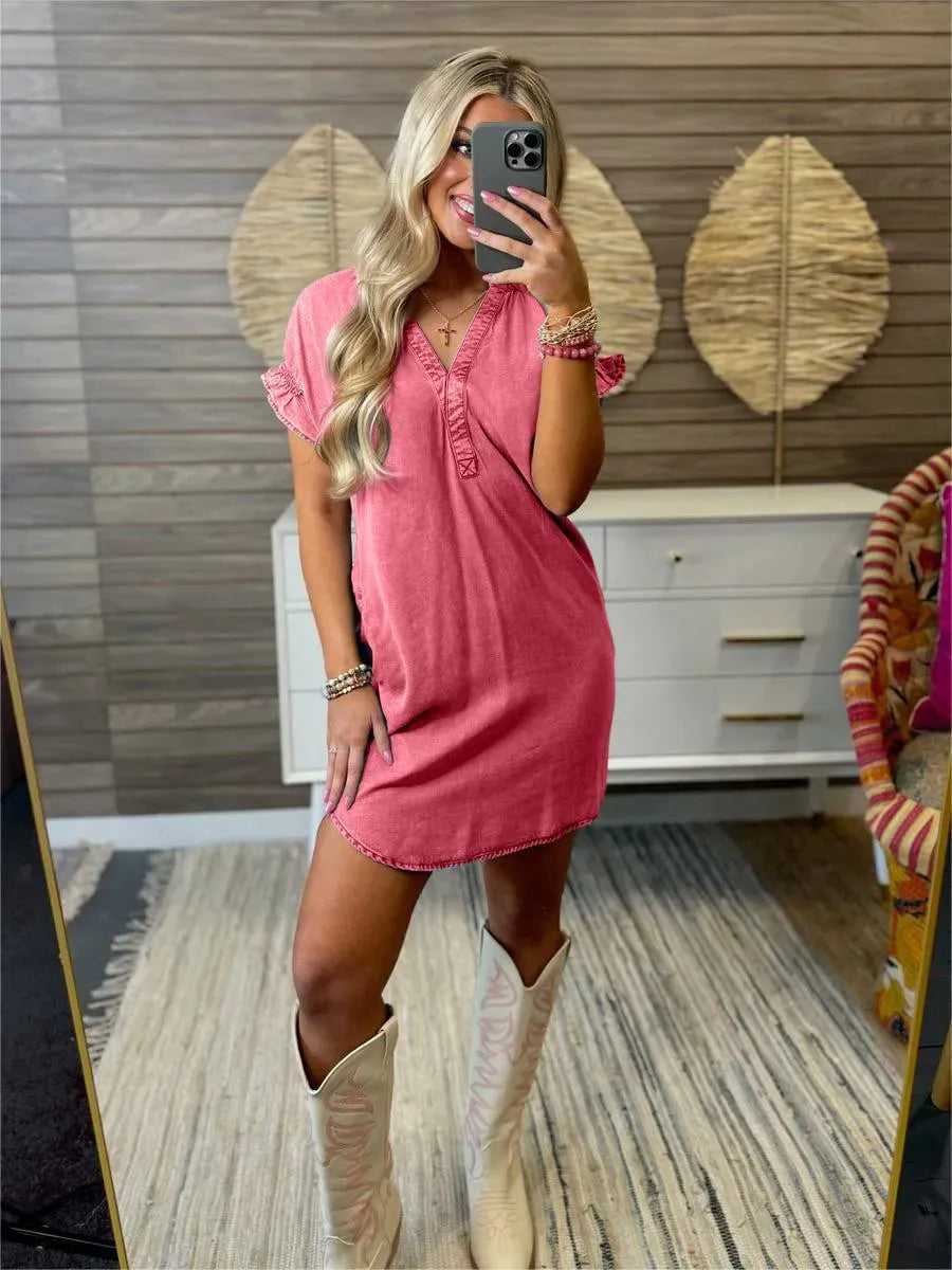 V-Neck Short Sleeve Denim Dress Plus Size
