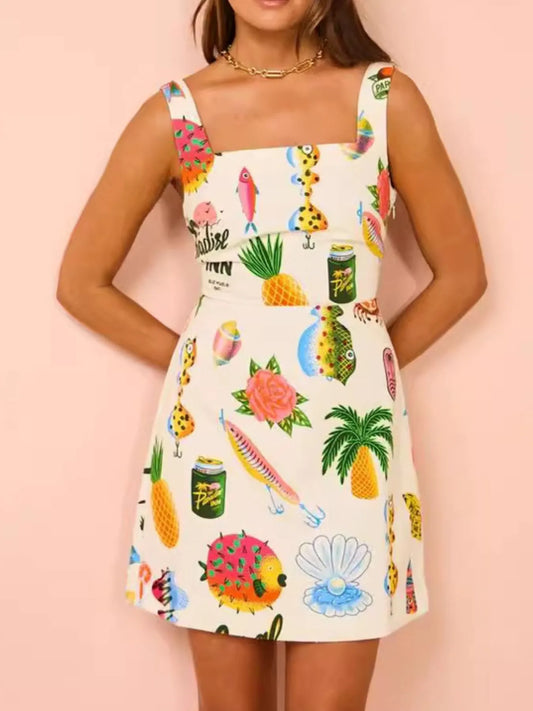 Printed Square Neck Summer Mini Dress