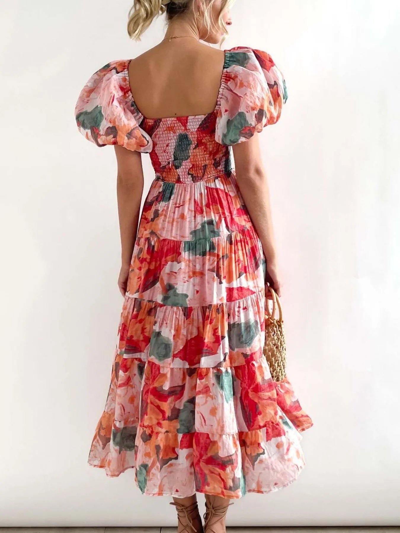 Floral Smocked Puff Sleeve Tiered Dress