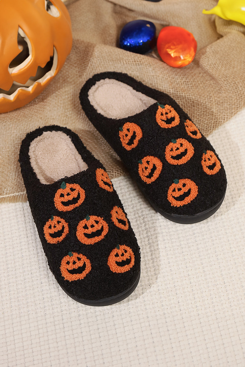 Black Halloween Pumpkin Plush Home Slippers With Non Slip