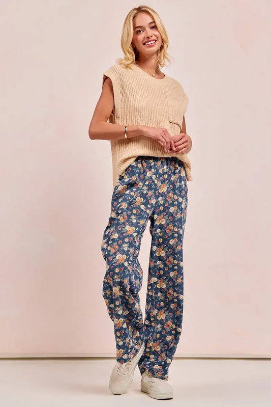 Bibi Washed Floral Print Wide Leg Jean High Waisted