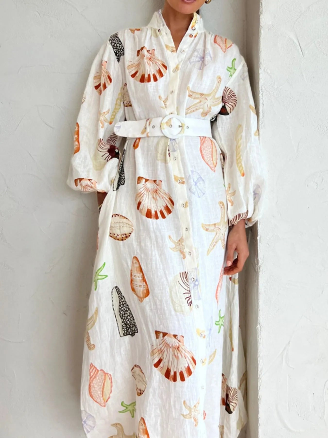 Printed Balloon Sleeve Maxi Shirt Dress
