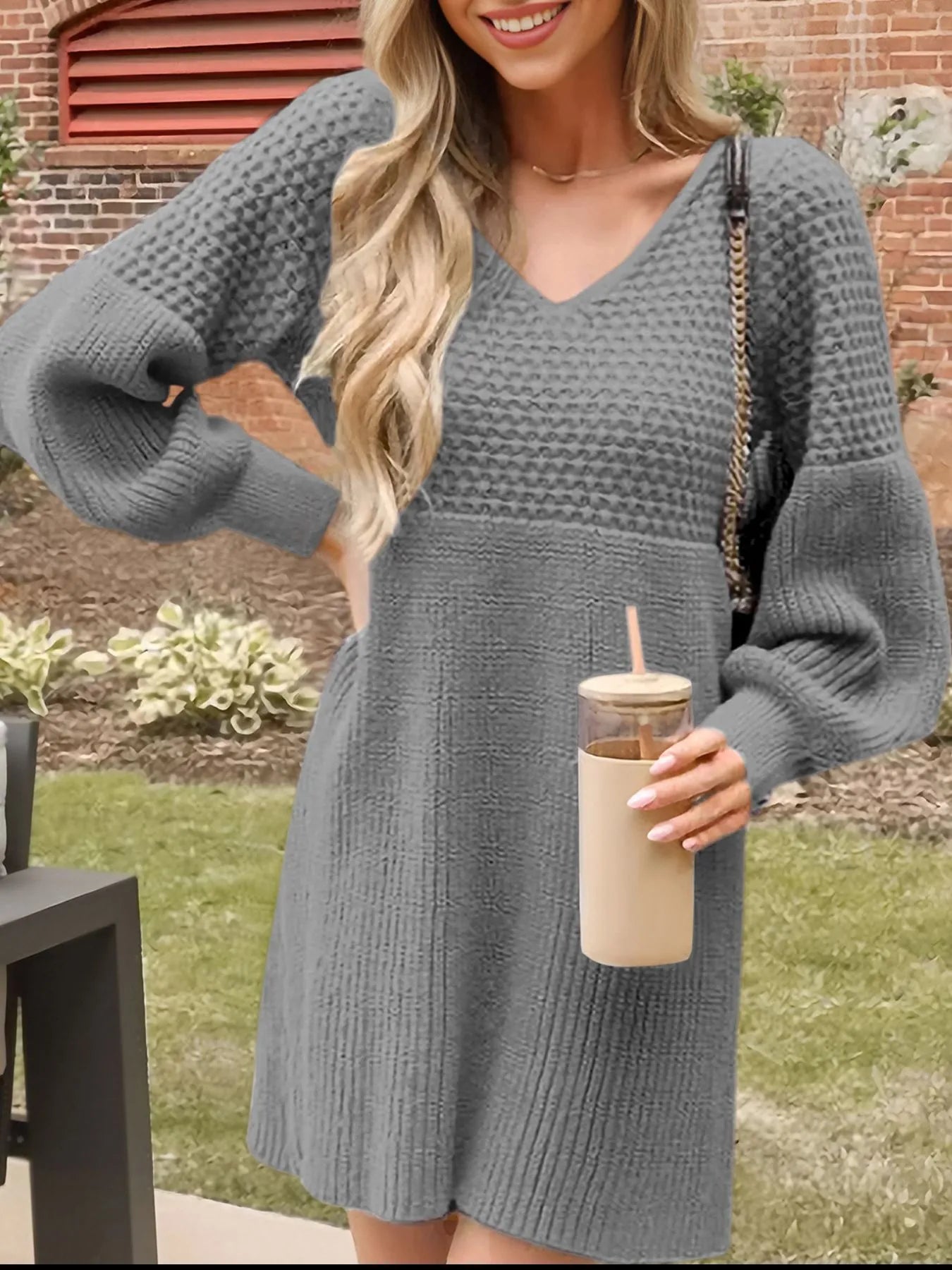 Texture V-Neck Lantern Sleeve Sweater Dress