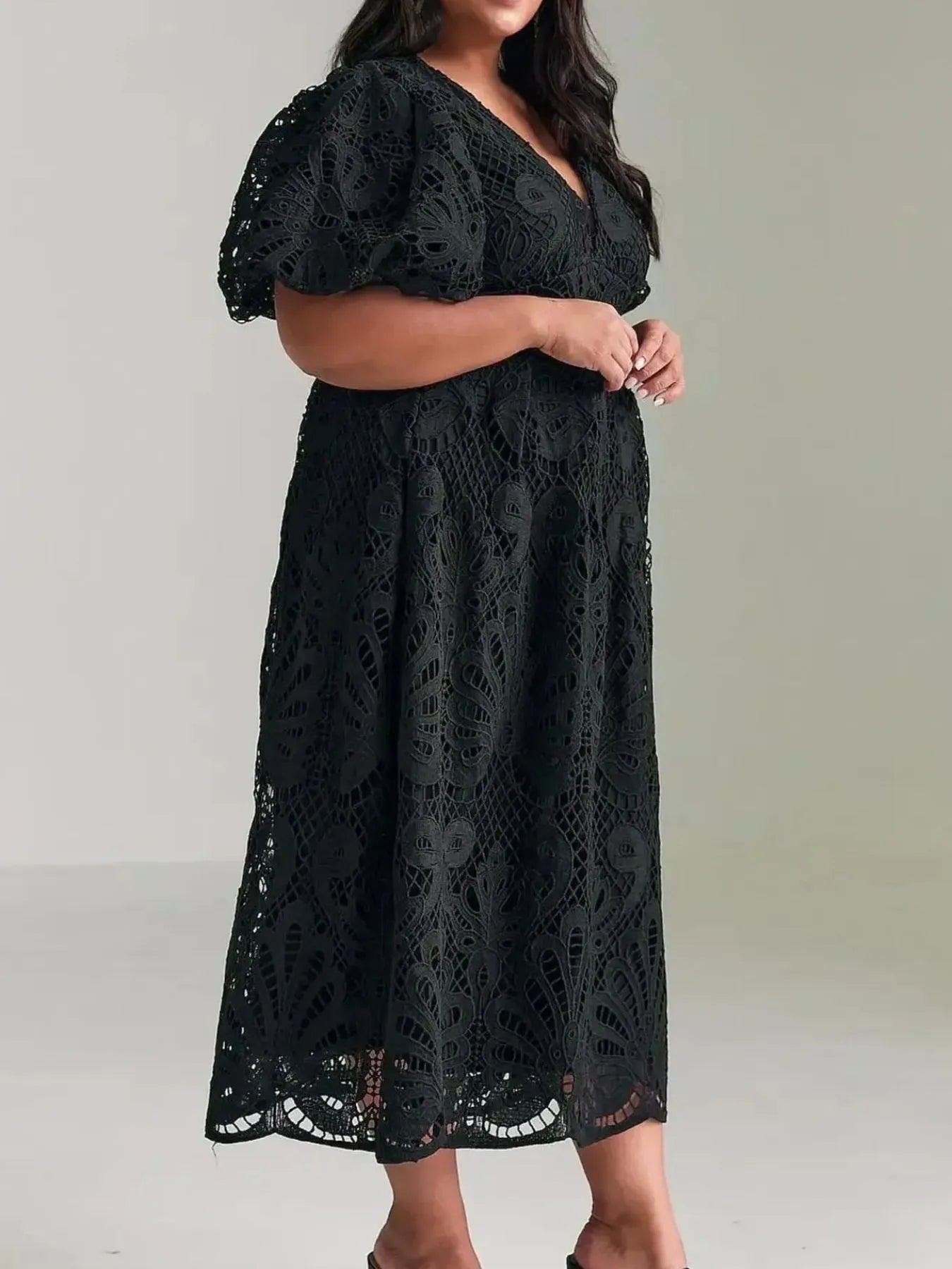 Lace V-Neck Midi Dress with Puff Sleeves
