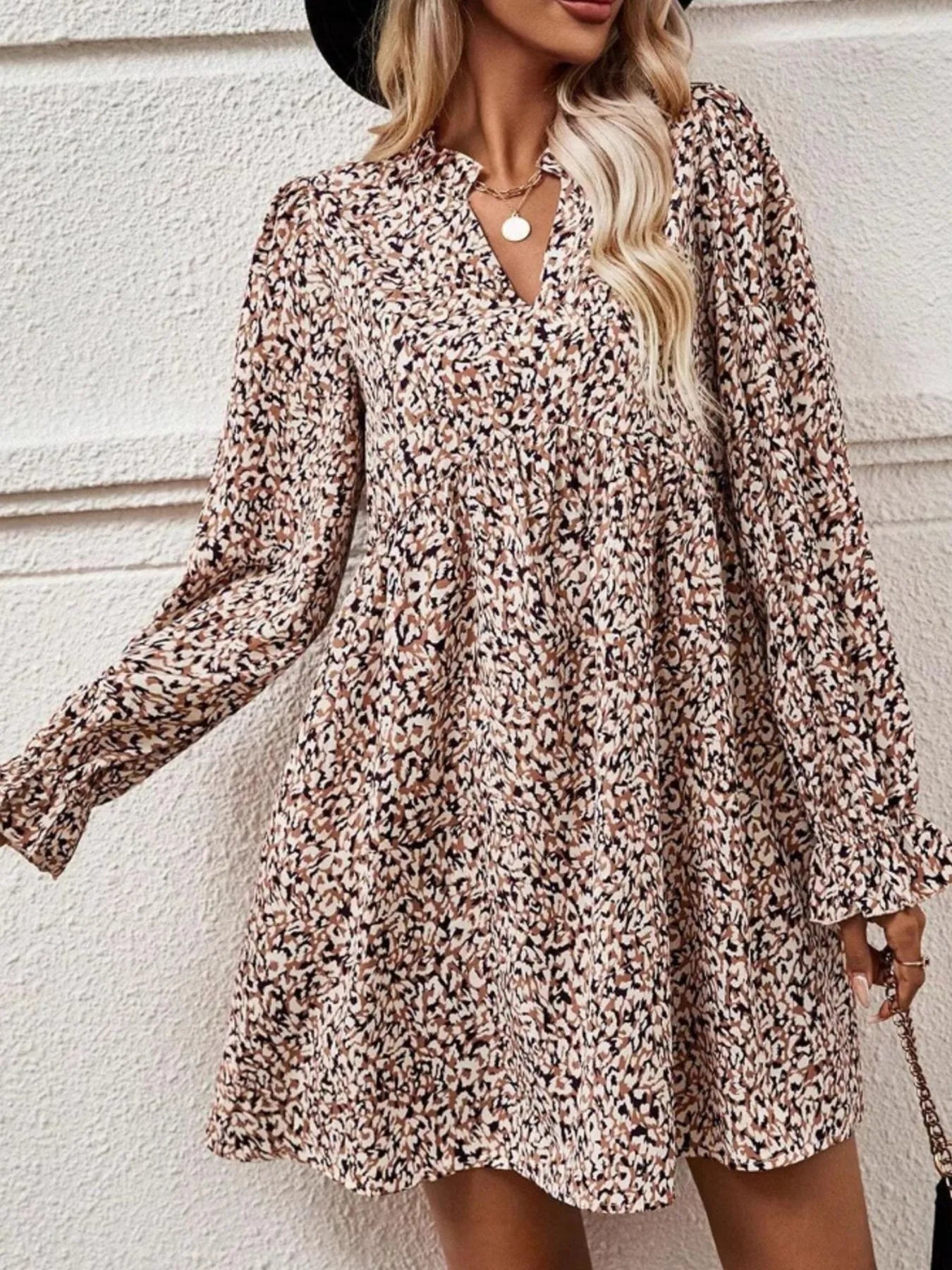 Printed Notched Flounce Sleeve Dress