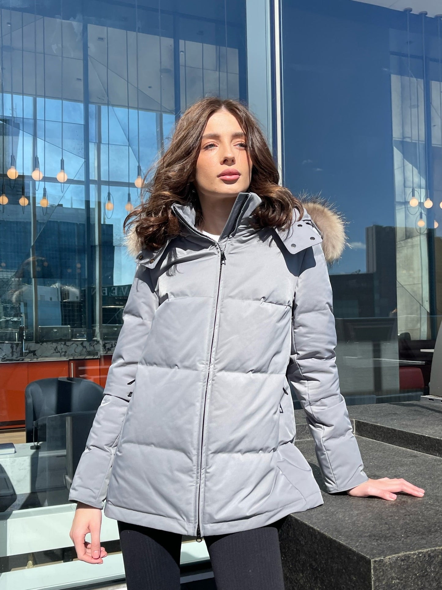 Melbourne Coyote Fur Down Classic Parka in Grey