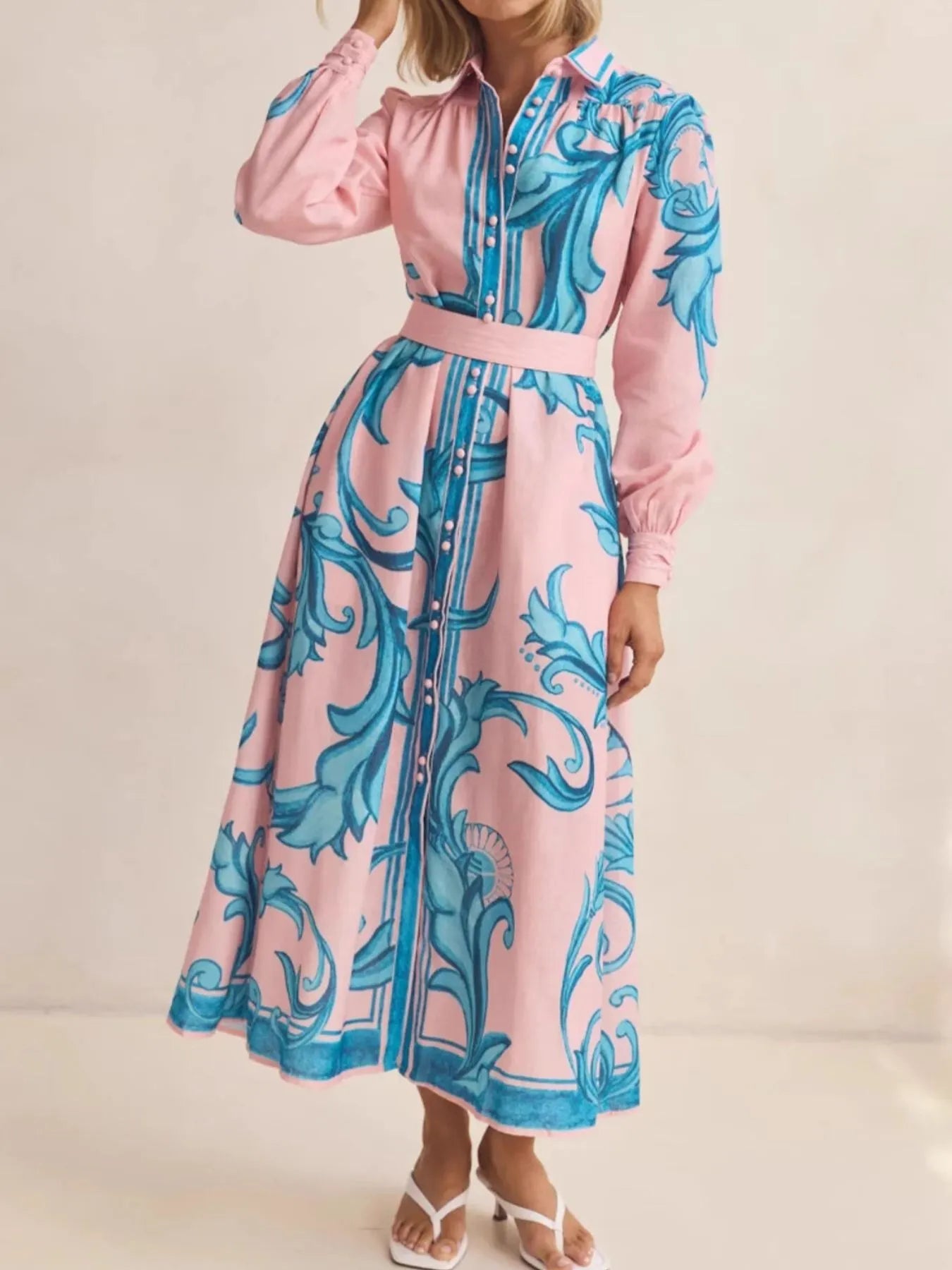 Printed Button Down Belted Shirt Dress