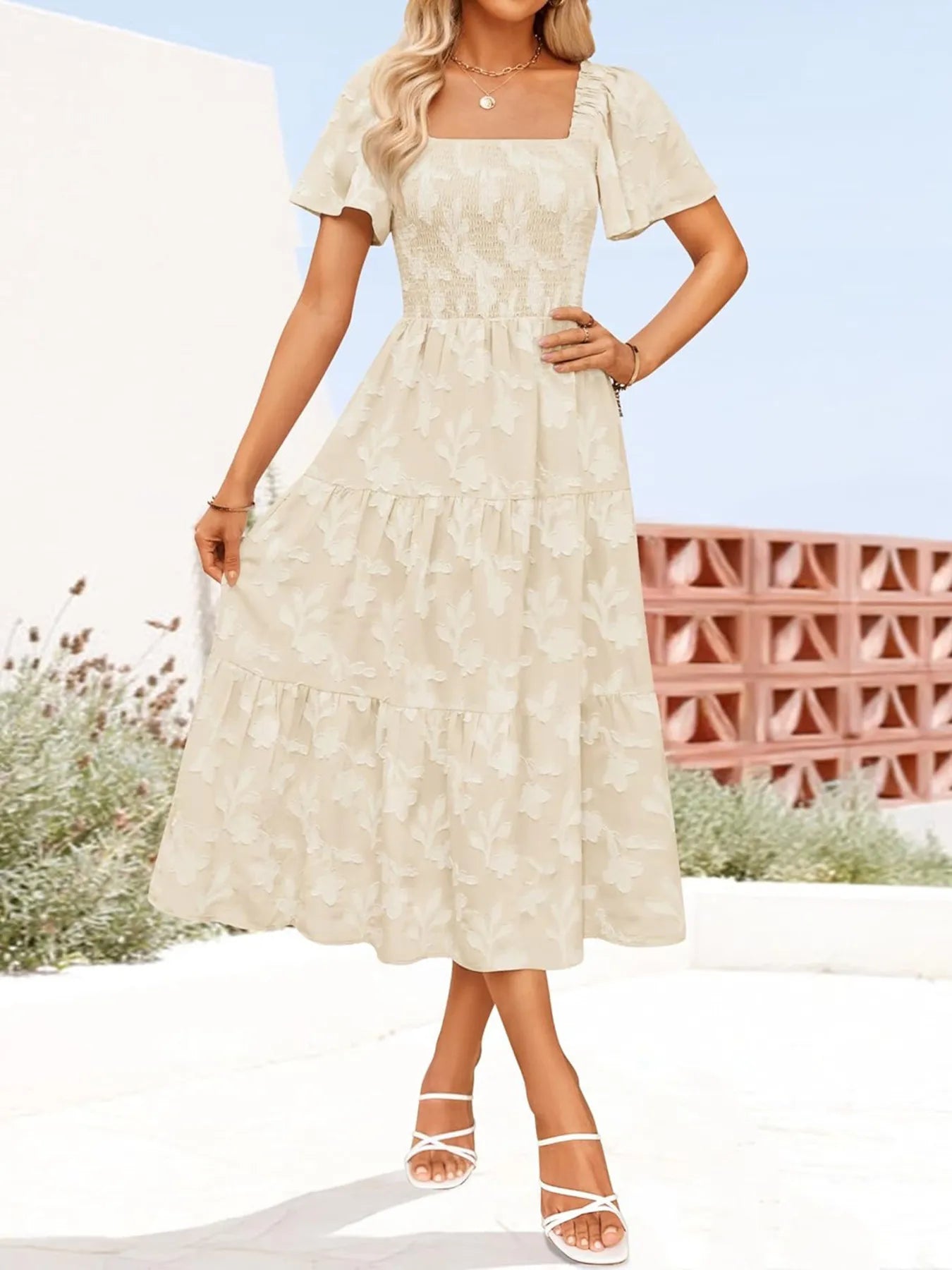 Smocked Square Neck Short Sleeve Dress