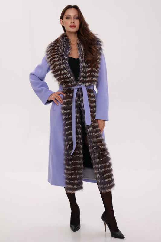 Manteau en laine vierge véritable de renard argenté couleur lavande