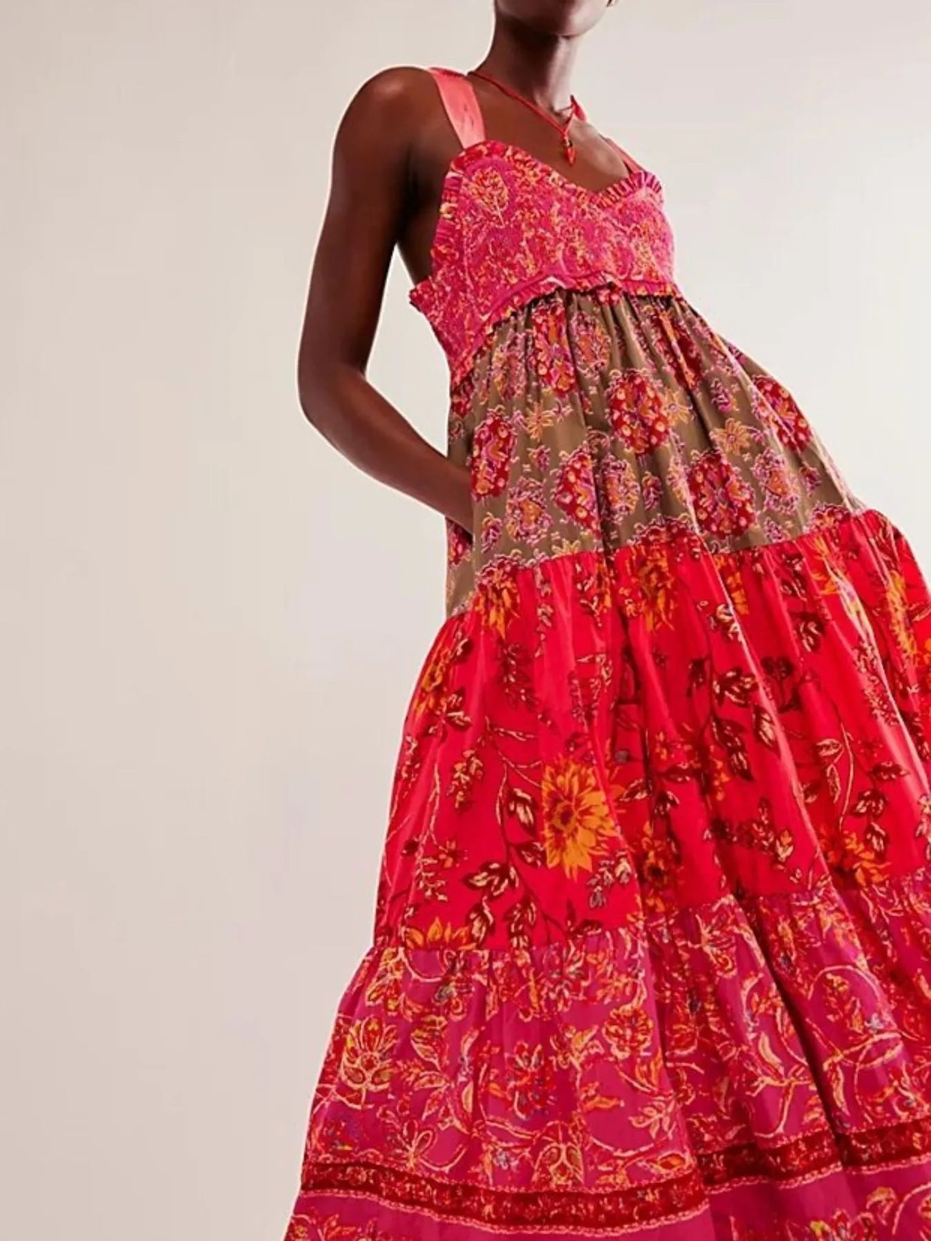 Smocked Printed Tie Shoulder Maxi Dress