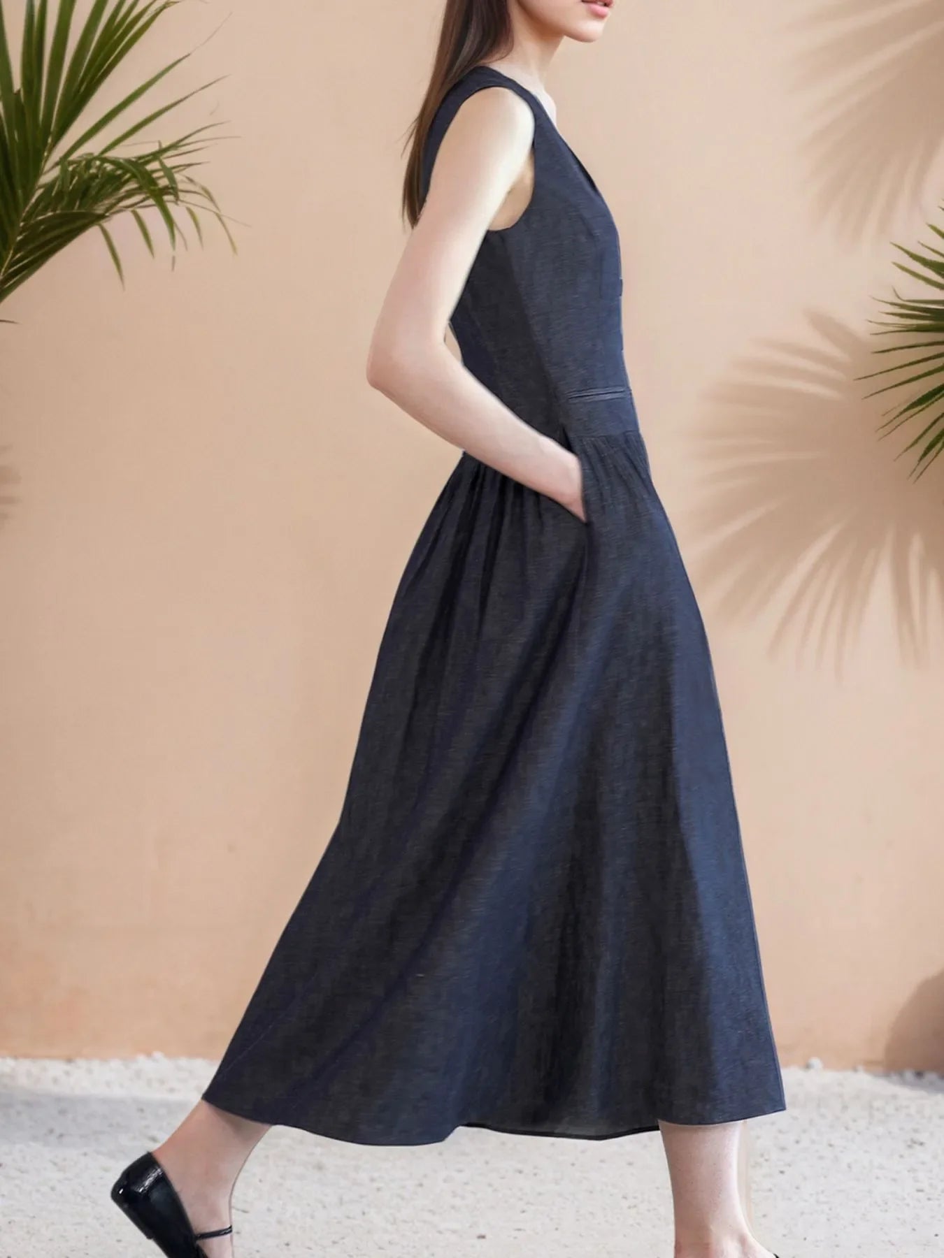 V-Neck Sleeveless Midi Dress