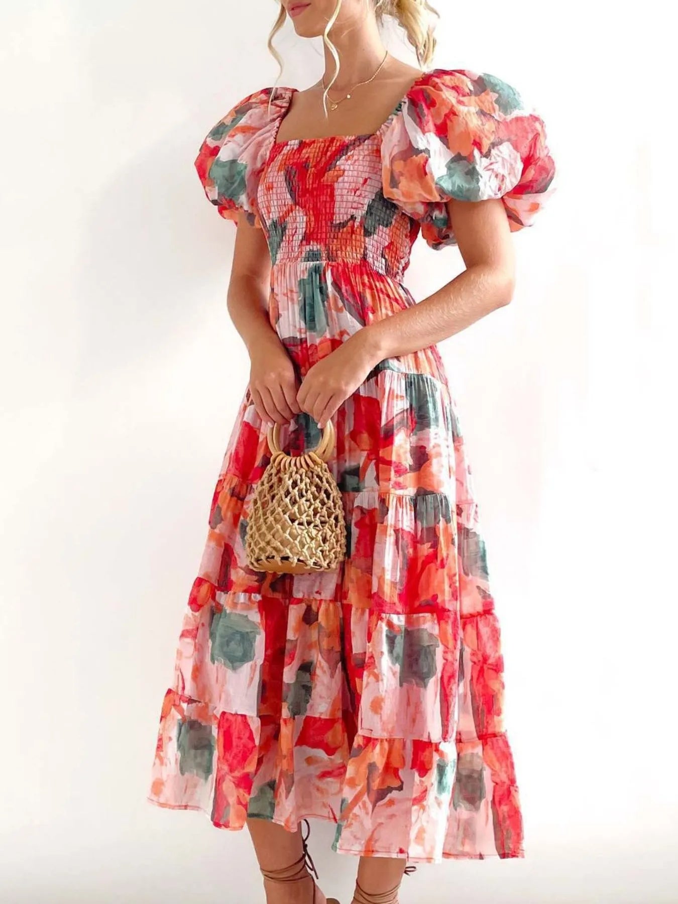 Floral Smocked Puff Sleeve Tiered Dress