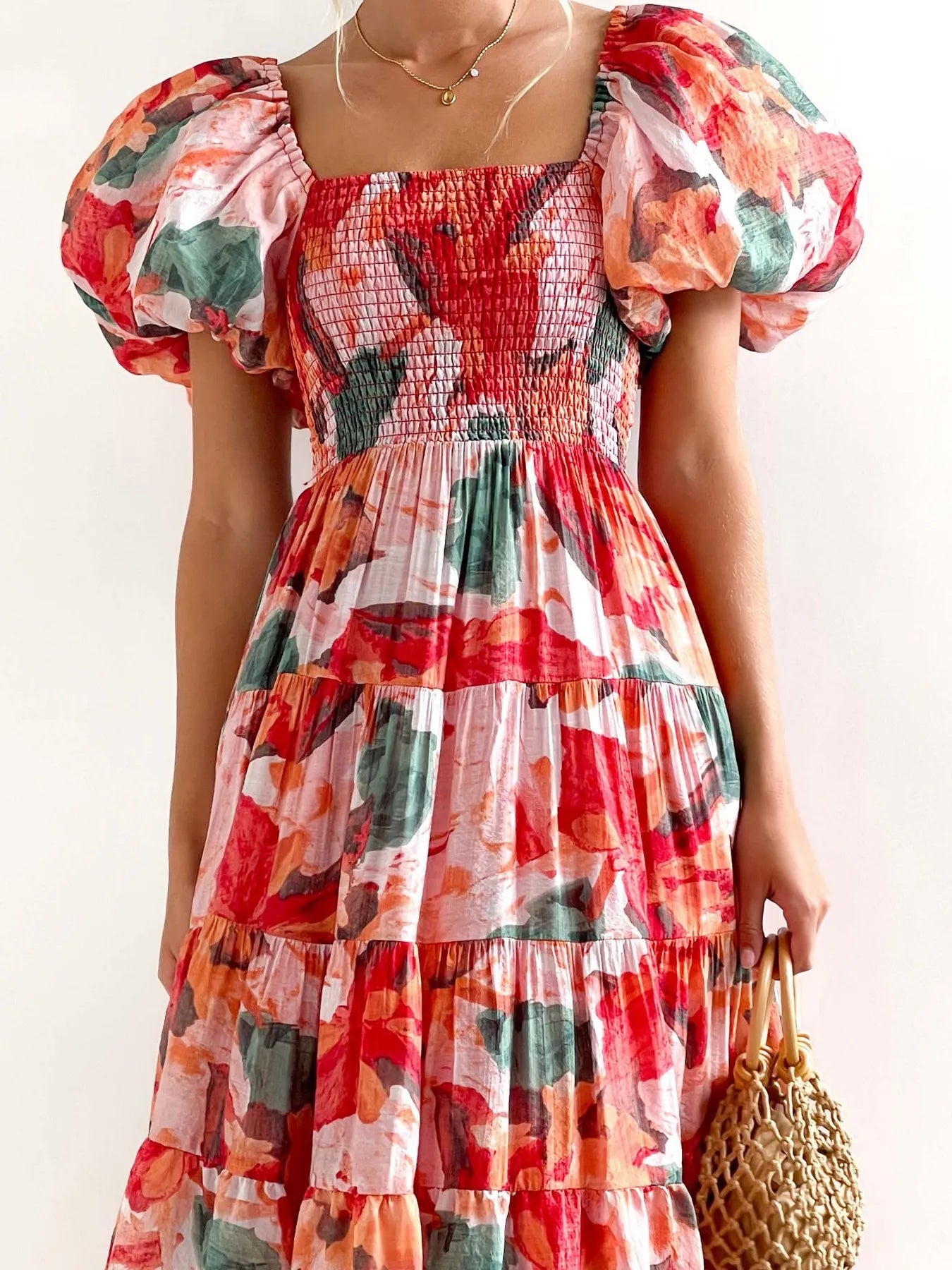Floral Smocked Puff Sleeve Tiered Dress