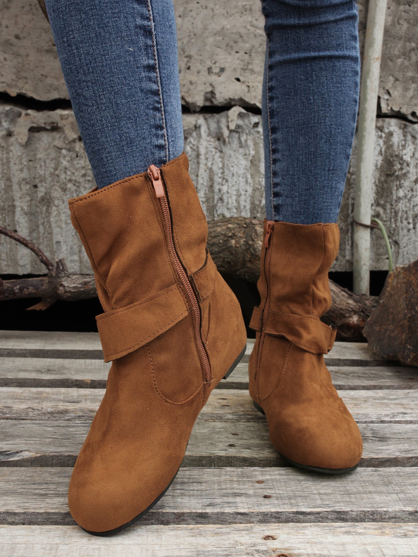 Ankle Boots  Round Toe Buckle Belt Side Zipper Boots