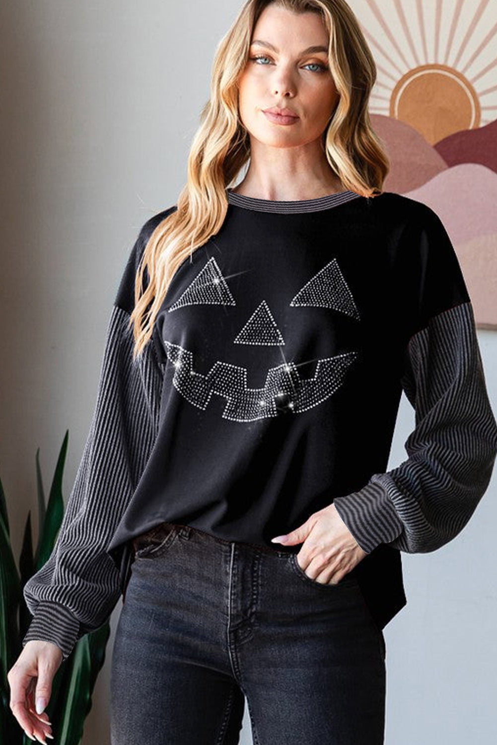Black Halloween Rhinestone Pumpkin Patchwork Ribbed Top- NEW** Earliest Shipping 9/13